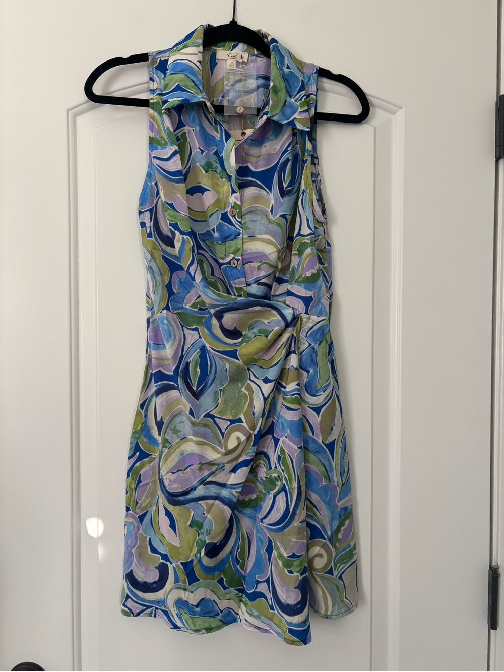 NWT Easel Collared Sleeveless Swirl-Print Mini Dress in Blue, Green & Lavender